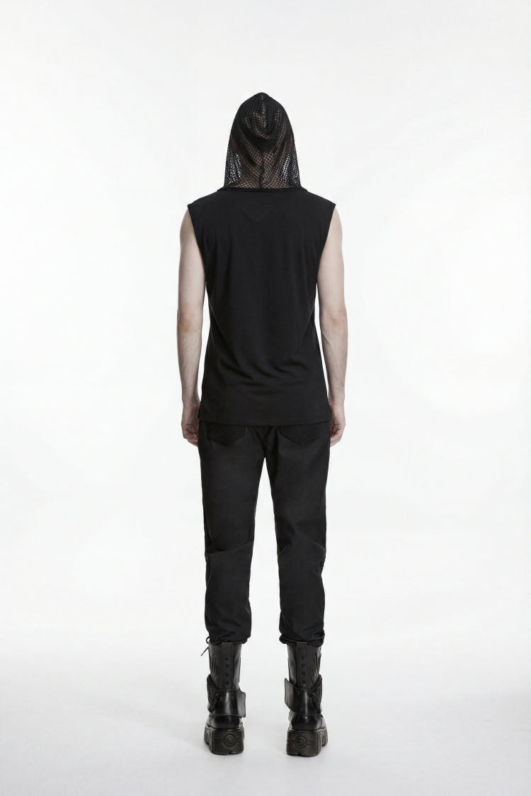 Black Spliced Lace-Up Hooded Studded Men's Punk Cool Vest - Product - 4