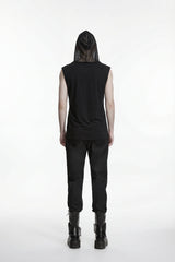 Black Spliced Lace-Up Hooded Studded Men's Punk Cool Vest - Product - 4