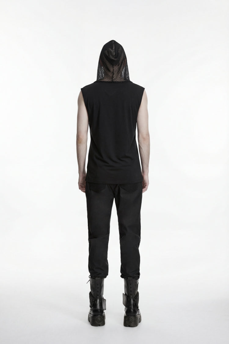 Black Spliced Lace-Up Hooded Studded Men's Punk Cool Vest - Product - 4