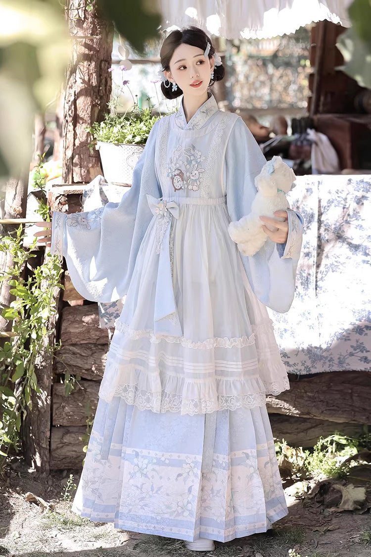 Light Blue [Alice in the Illusion] Stand Collar Pastoral-StylePrinted Bow Lace Chinese Style Vintage Lolita Ma Mian Skirt Set - Product - 4