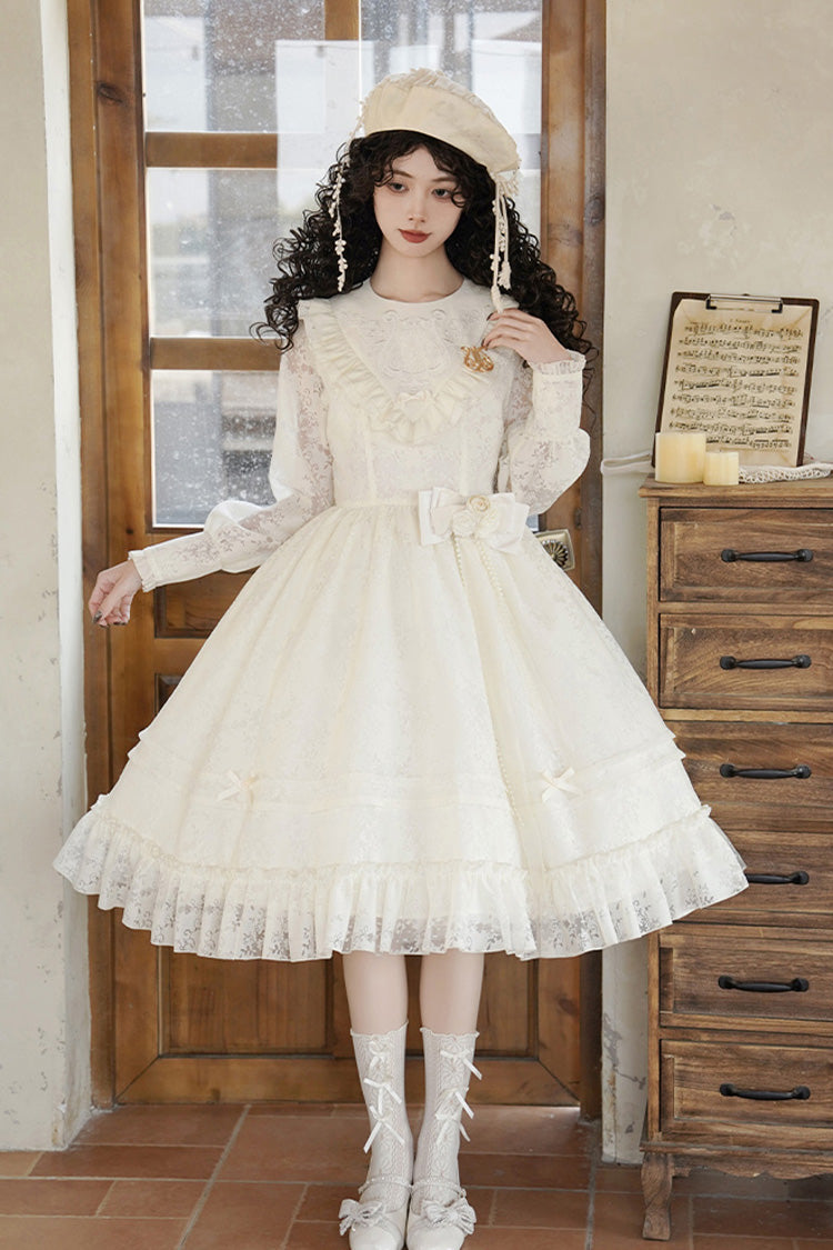 Ivory [Flower Sound] Long Sleeves Ruffle Cardigan Bowknot Lace Sweet Lolita Dress - Ivory - 1