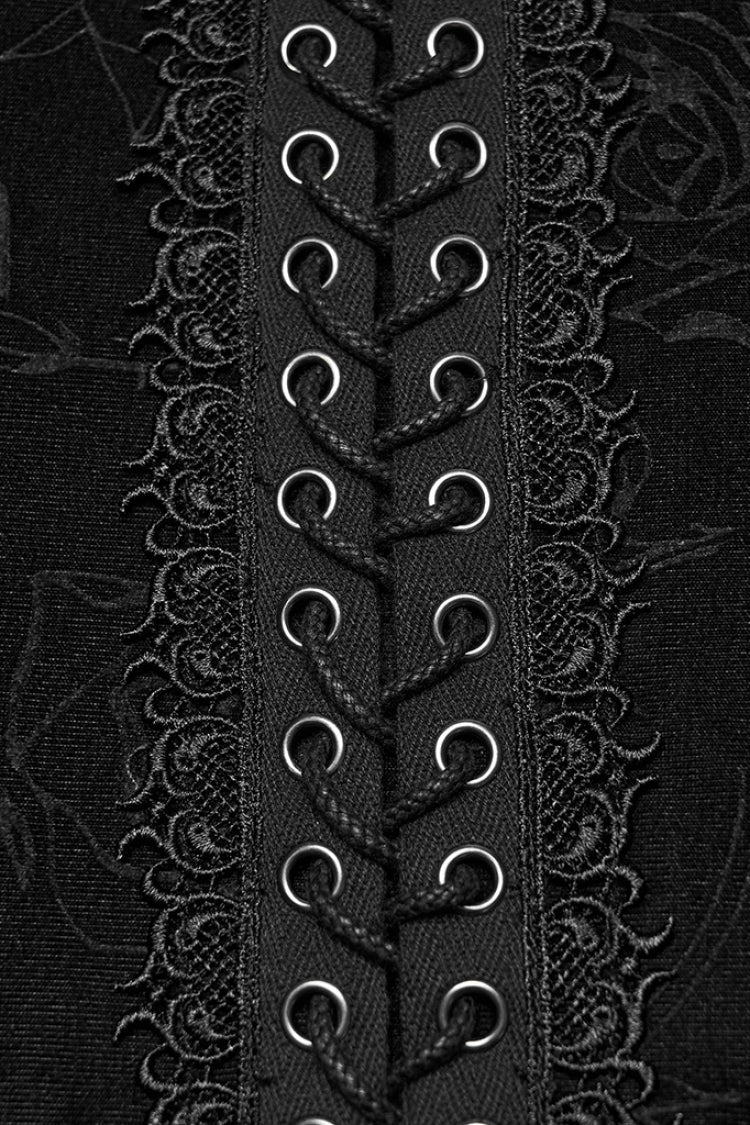 Black Stand Collar Long Sleeves Rose Embossed Lace-Up Zippered Men's Gothic Top - Product - 5