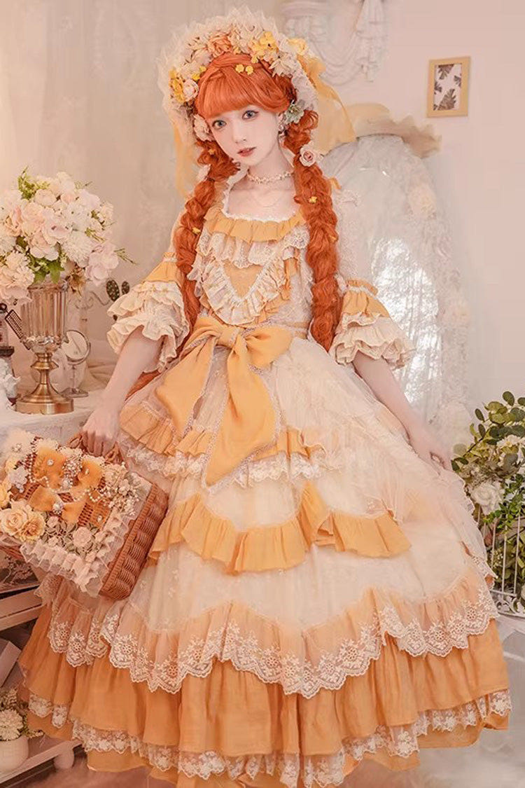Apricot/Yellow [Floral Garden] Cottagecore Style Square Collar Short Sleeves Multi-Layered Ruffled Hanayome Bow Lace Sweet Plus Size Gorgeous Lolita Jsk Dress - Apricot/Yellow - 1