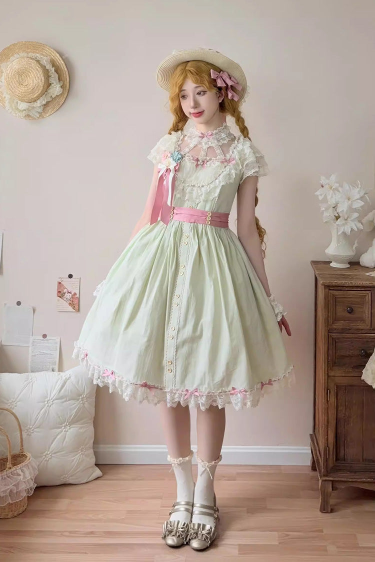 Green [Sakura’s Spring Resonance] Sleeveless Ruffled Bow Sweet Lolita Jsk Dress (Short Version) - Product - 3