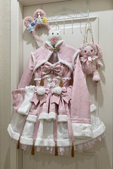 Pink [Snow Rabbit] Long Sleeves Ruffle Bowknot Fake Two Pieces Sweet Lolita Dress - Product - 3