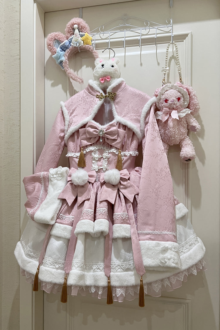 Pink [Snow Rabbit] Long Sleeves Ruffle Bowknot Fake Two Pieces Sweet Lolita Dress - Product - 3