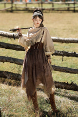 Brown [Sunset Yellow Sand] Print Irregular Asymmetric Classic Vintage Lolita Dress Set - Product - 2