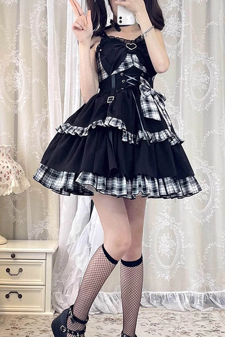 Black/White Plaid Print Color Contrast Leather Buckle Bowknot Ruffle Gothic Lolita JSK Dress - Product - 9
