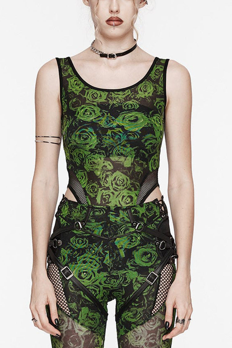 Sleeveless Print Hollow Lace Mesh Sheer Womens Steampunk Bodysuit 3 Colors - Green - 8