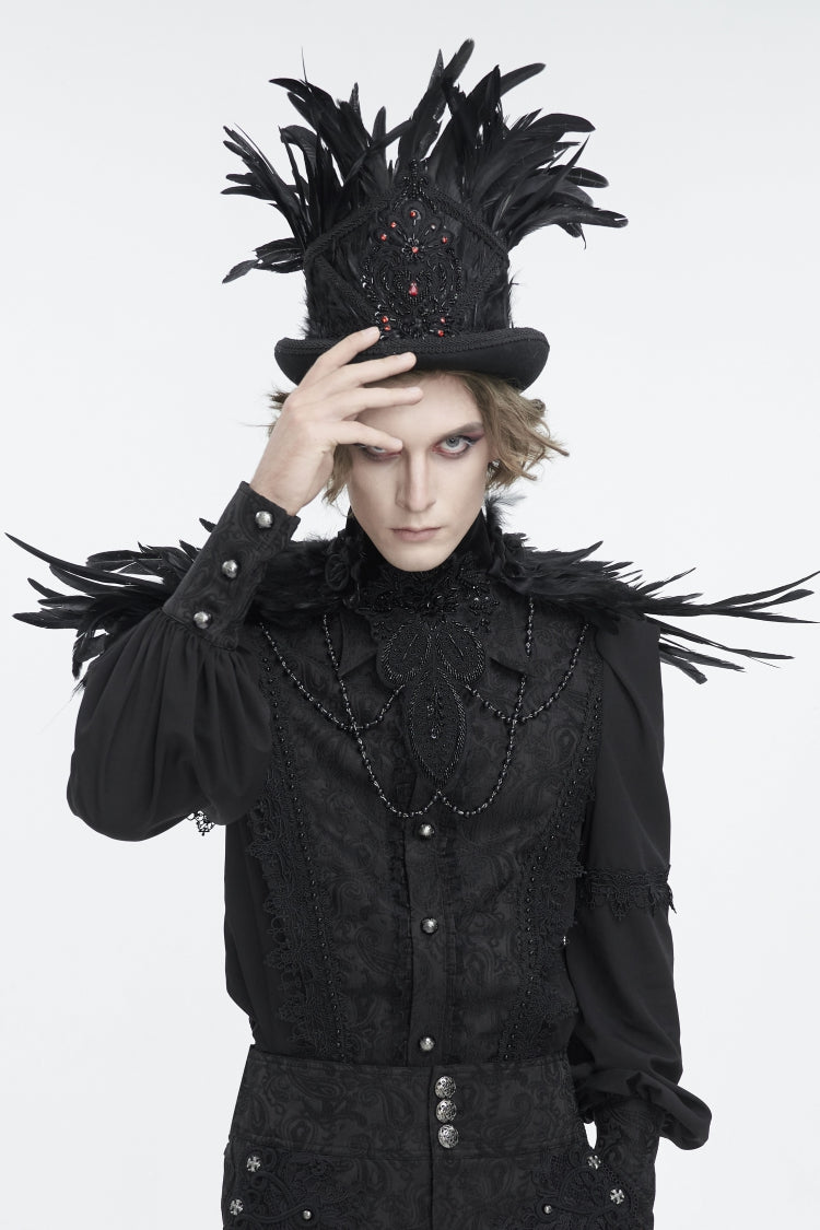 Black Embroidered Men's Gothic Palace Accessory Floral Feather Top Hat - Product - 5