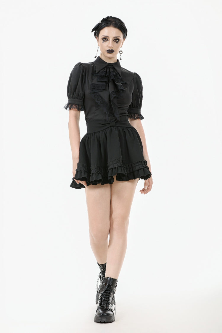 Black Point Lapel Collar Short Puff Sleeves Women's Gothic Blouse with Removable Rosette Cravat - Product - 8