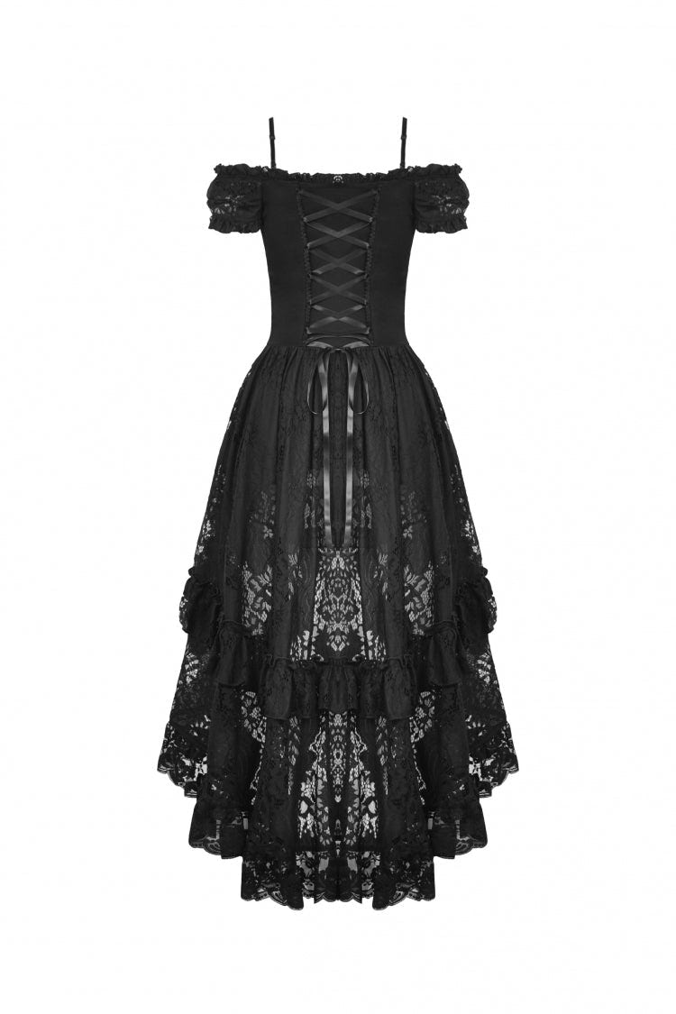 Black Boat Neck Off Shoulder Short Puff Sleeves Ruffled Lace Lace-Up Irregular Women's Gothic Dovetail Dress - Product - 16