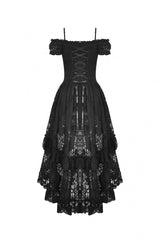 Black Boat Neck Off Shoulder Short Puff Sleeves Ruffled Lace Lace-Up Irregular Women's Gothic Dovetail Dress - Product - 16