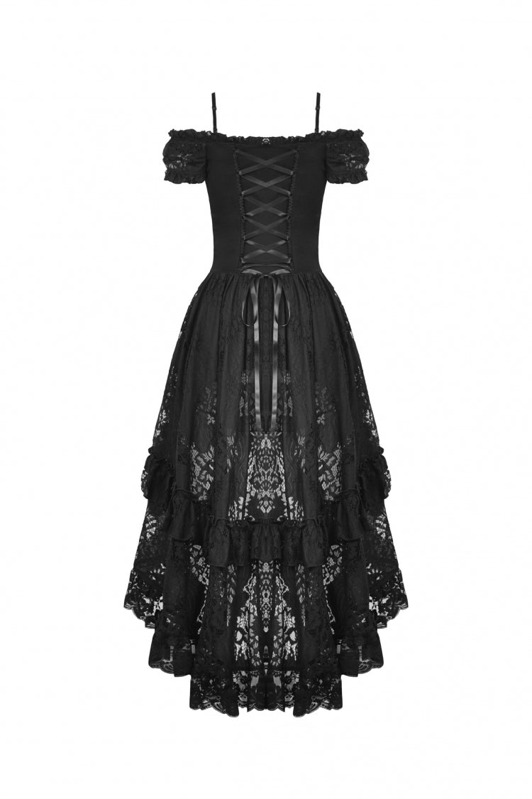 Black Boat Neck Off Shoulder Short Puff Sleeves Ruffled Lace Lace-Up Irregular Women's Gothic Dovetail Dress - Product - 16