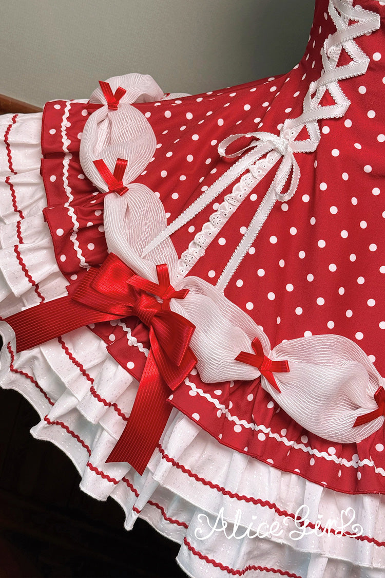 Wine Red Halterneck Short Sleeves Triple-Layered Polka Dot Printed Bow Lace-Up Sweet Lolita Dress - Product - 10