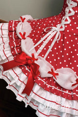 Wine Red Halterneck Short Sleeves Triple-Layered Polka Dot Printed Bow Lace-Up Sweet Lolita Dress - Product - 10