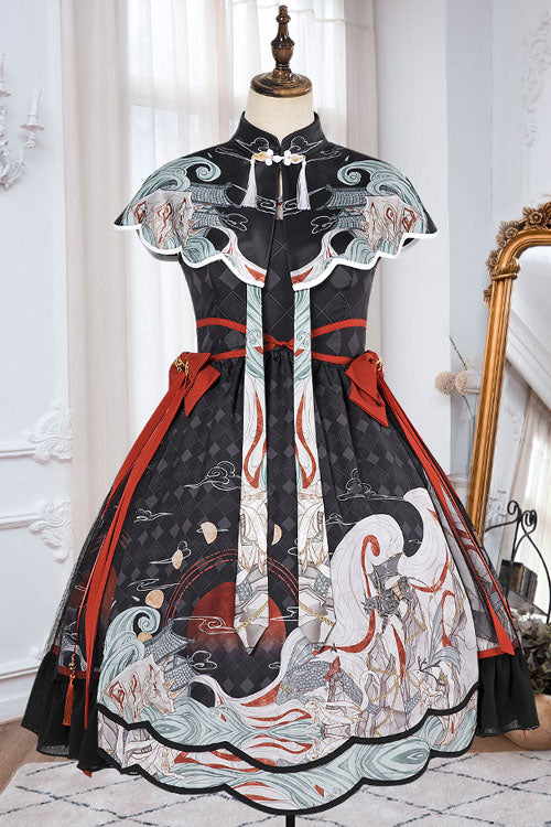 Black Chinese Style Chang'e Flying To The Moon Print Ruffled Classic Lolita OP Dress - Product - 6