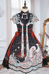 Black Chinese Style Chang'e Flying To The Moon Print Ruffled Classic Lolita OP Dress - Product - 6