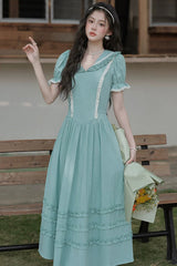 Lake Blue V Collar Short Puff Sleeves Ruffled Lace Sweet College Style Lolita Dress - Product - 5