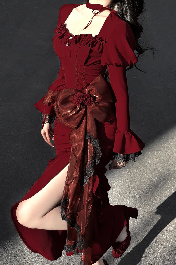 Red Rose Long Sleeves Bowknot Classic Elegant Princess Mermaid Lolita Dress - Product - 5