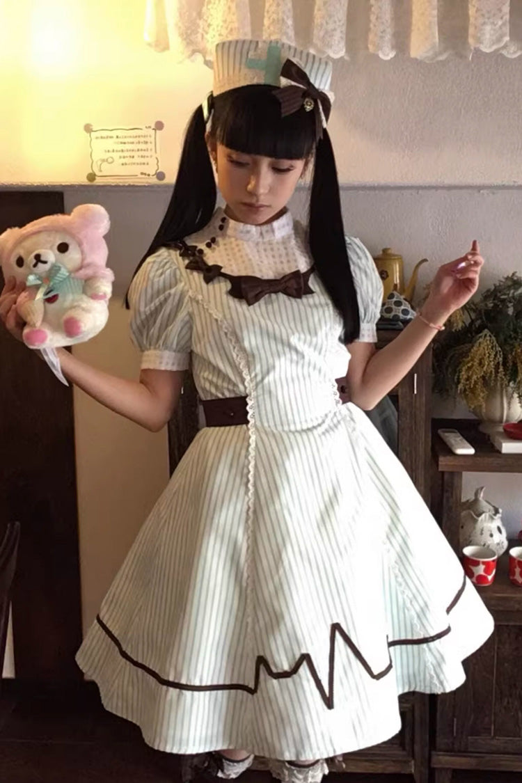 Light Green [Mint Prescription] Stand Collar Short Sleeves Vertical Stripe Printed Bow Sweet Lolita Nurse Dress - Light-Green - 1