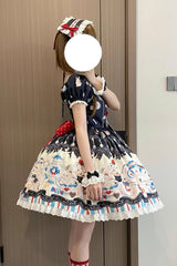 Black [Mystery Rabbit Tea Party] Square Collar Short Sleeves Print Ruffle Bowknot Lace Sweet Lolita Dress - Product - 6