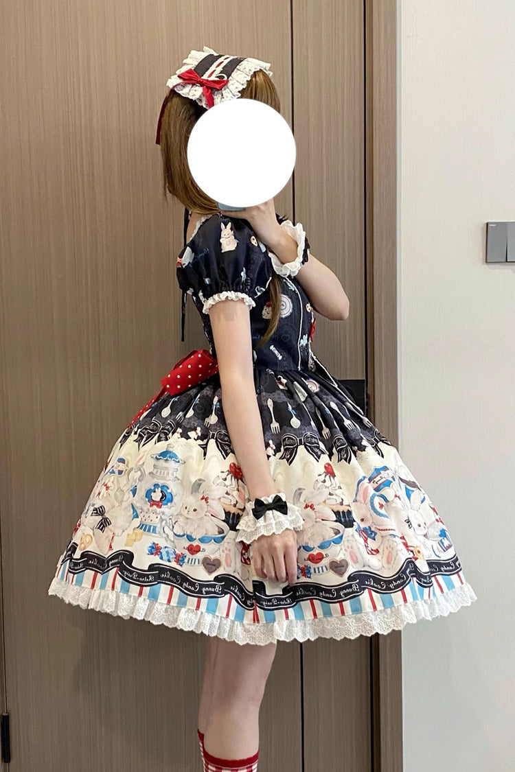 Black [Mystery Rabbit Tea Party] Square Collar Short Sleeves Print Ruffle Bowknot Lace Sweet Lolita Dress - Product - 6