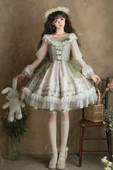 Green [Teacup Rabbit Little Fresh] Print Ruffle Bowknot Lace Lace-Up Sweet Lolita OP Dress - Product - 7