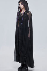 Black Punk Cross Leather Straps On Chest Design Metal Five-Pointed Star Decoration Long Hooded Women's Cape - Product - 6