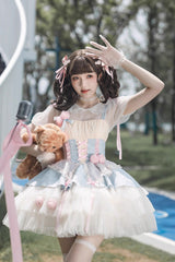 Blue/Pink Rose Peach Wine Sleeveless Multi-layer Ballet Style Sweet Lolita Jsk Dress - Blue/Pink - 1
