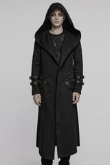 Black Lapel Collar Long Sleeves Hooded Pleated Men's Punk Coat with Buckle Strap - Black - 1