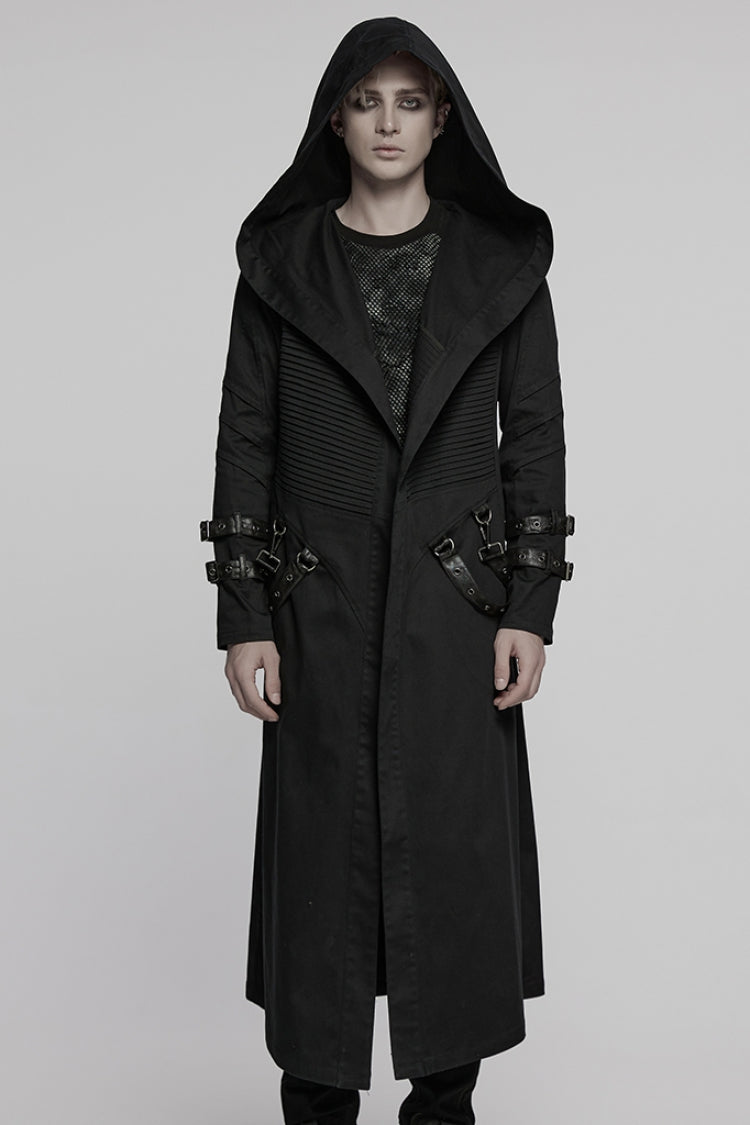 Black Lapel Collar Long Sleeves Hooded Pleated Men's Punk Coat with Buckle Strap - Black - 1