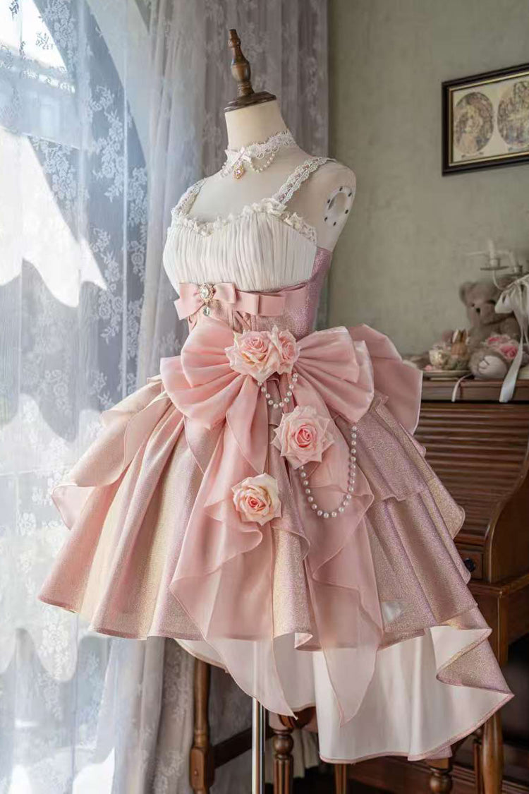 Pink [Rose Heart Knot] Ruffle Hanayome Bowknot Sweet Princess Gorgeous Lolita Jsk Dress - Pink - 1
