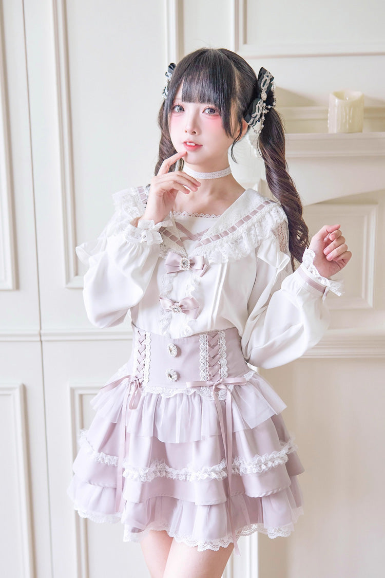 Sweet Print Ruffle Lace Lace-Up Jirai Kei Skirt 3 Colors - Product - 2