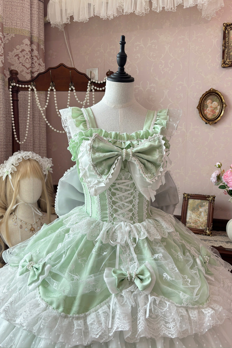 Green Sleeveless Triple-Layered Ruffle Embroidery Bowknot Lace-Up Pearl Sweet Plus Size Lolita Jsk Dress - Product - 6