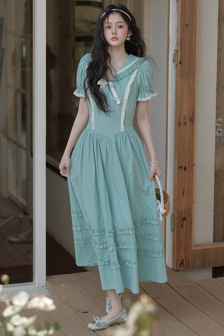 Lake Blue V Collar Short Puff Sleeves Ruffled Lace Sweet College Style Lolita Dress - Product - 14