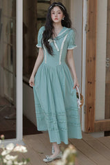 Lake Blue V Collar Short Puff Sleeves Ruffled Lace Sweet College Style Lolita Dress - Product - 14