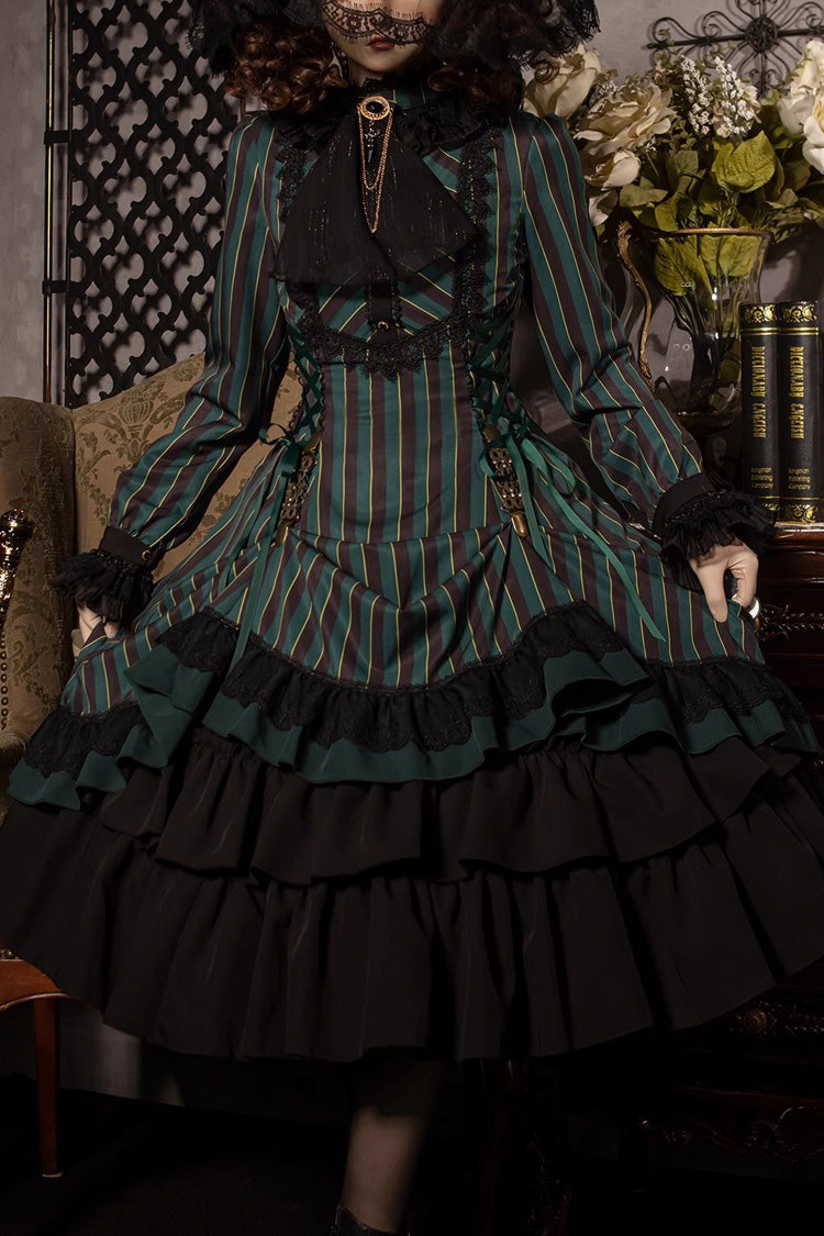 Point Manor Stand Collar Long Sleeves Multi-layer Striped Print Ruffle Gothic Lolita Dress 4 Colors - Product - 4