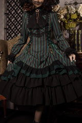 Point Manor Stand Collar Long Sleeves Multi-layer Striped Print Ruffle Gothic Lolita Dress 4 Colors - Product - 4