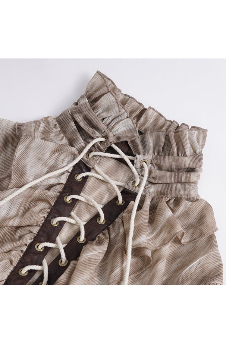 Brown Ruffle Stand Collar Print Lace-Up Men's Gothic Blouse - Product - 8