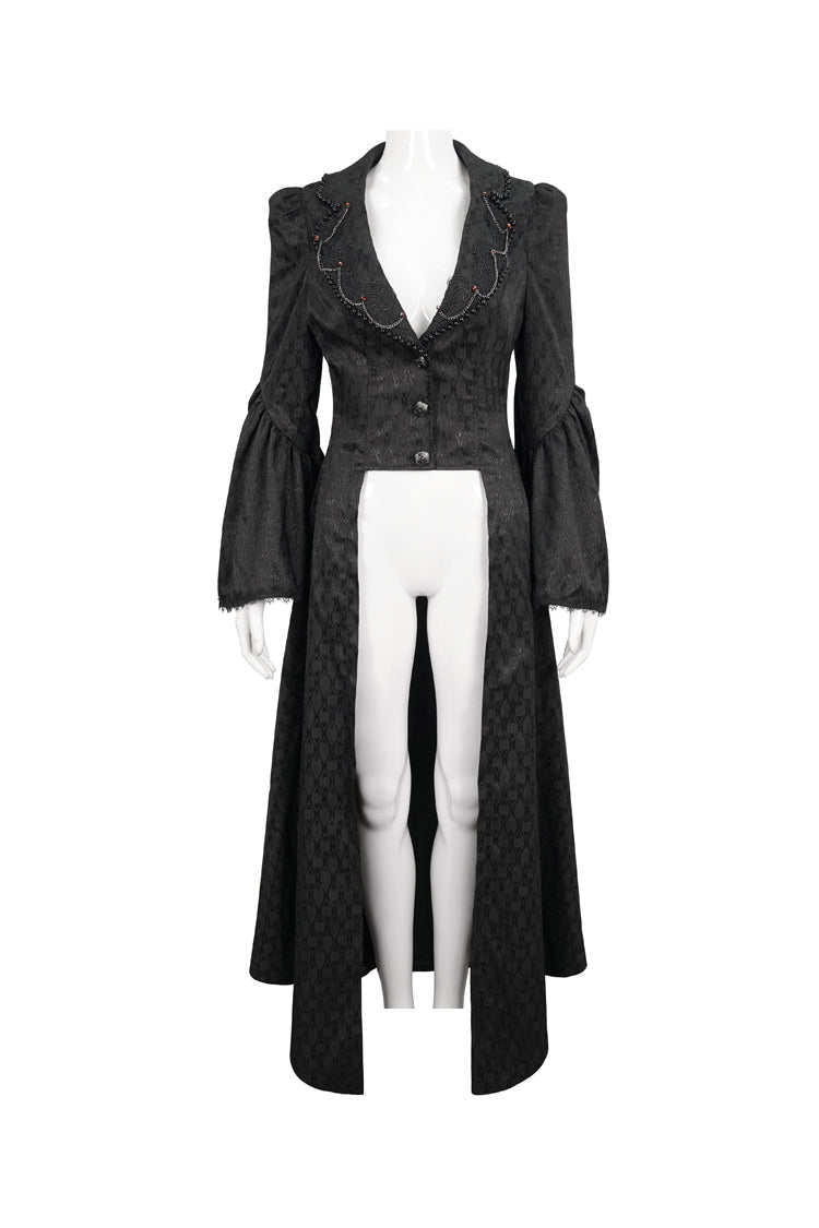 Black Jacquard Short Front Long Back Lapel Bead And Chain Trim Large Cuffs With Lace Trim Back Strap Thin Long Women's Gothic Coat - Product - 6