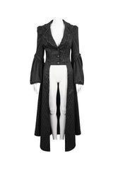 Black Jacquard Short Front Long Back Lapel Bead And Chain Trim Large Cuffs With Lace Trim Back Strap Thin Long Women's Gothic Coat - Product - 6