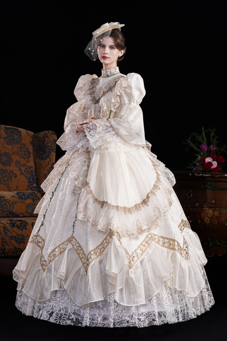 Champagne Stand Collar Long Sleeves Jacquard Wedding Style Open-Front Lace Sweet Princess Royal Lolita Victorian Dress - Product - 3