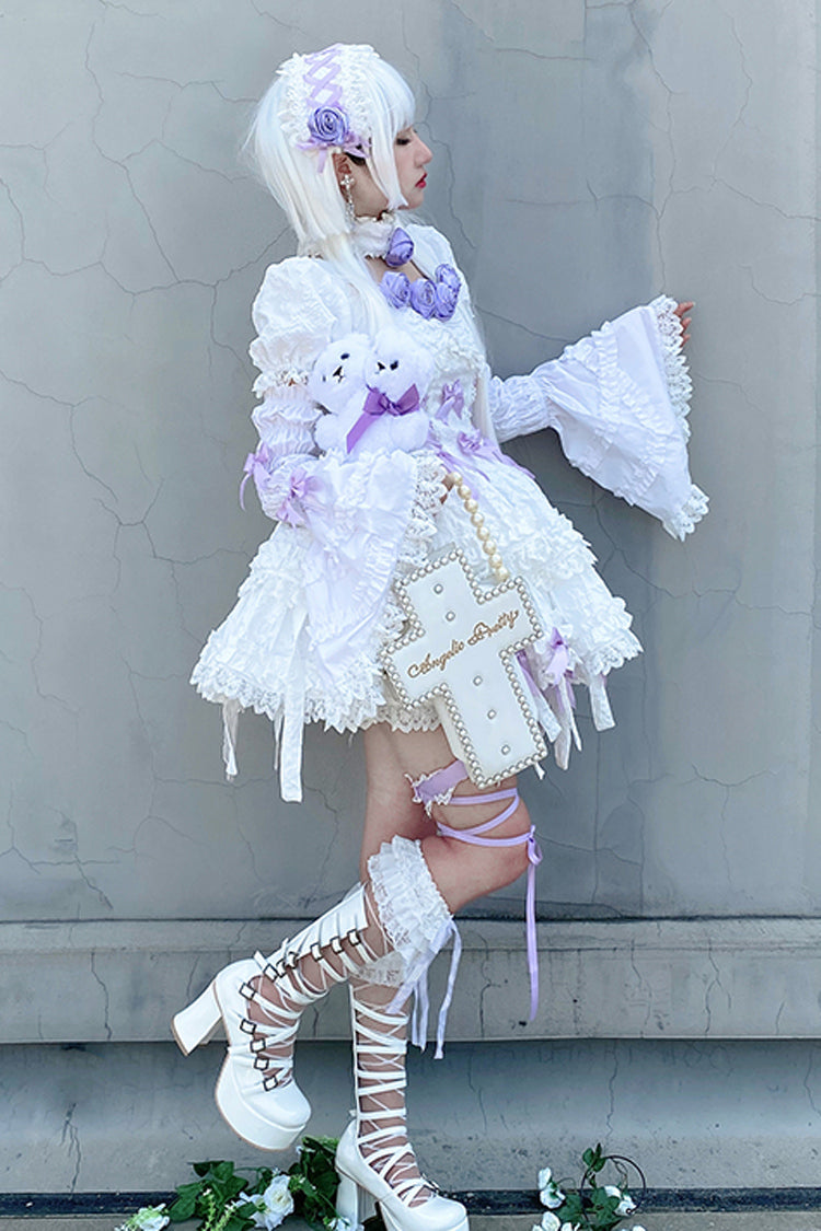 White/Purple Puff Short Sleeves Princess Gothic Lolita Tiered Dress - Product - 5