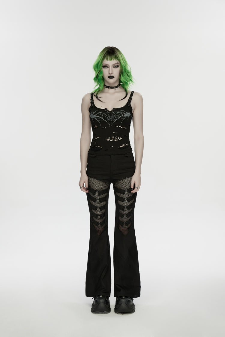 Black Spliced Slim Eyelet Women's Punk Pants - Black - 1