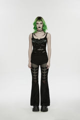 Black Spliced Slim Eyelet Women's Punk Pants - Black - 1