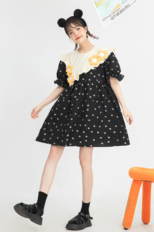Black Ruffled Splicing Round Collar Bubble Short Sleeves Floral Print High Waisted Sweet Lolita Dress - Product - 6