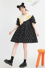 Black Ruffled Splicing Round Collar Bubble Short Sleeves Floral Print High Waisted Sweet Lolita Dress - Product - 6