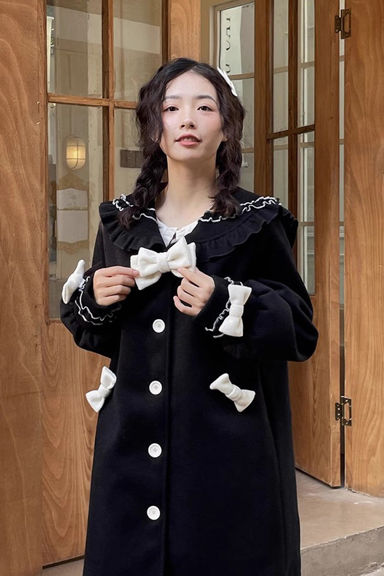 Black [Bouquet Bear] Doll Collar Long Sleeves Ruffle Bowknot Princess Lolita Coat - Product - 4