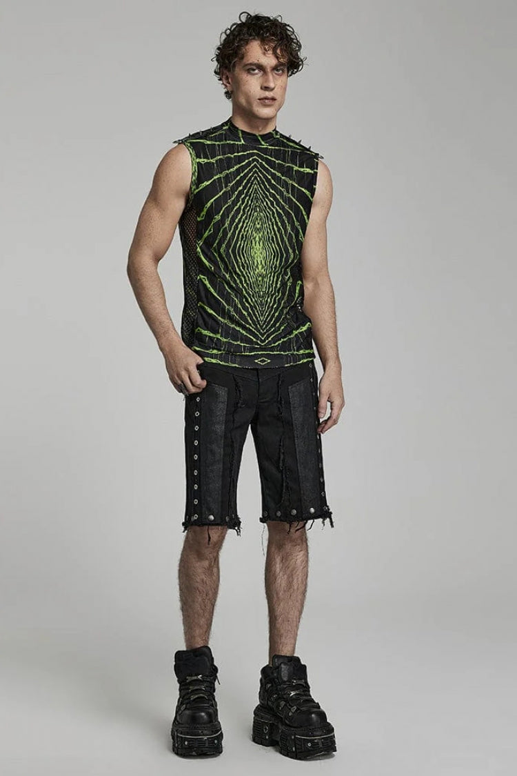 Halo Print Sleeveless Stitching Mesh Rivets Mens Steampunk T-Shirt 2 Colors - Product - 8